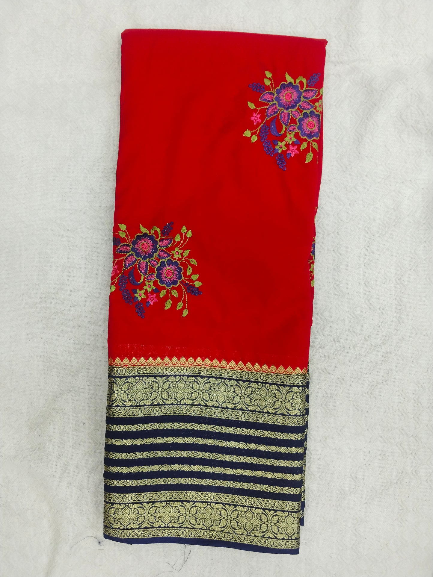 Semi Mysore Silk Crepe Saree with Elegant Embroidery & Zari Border | With Blouse | Veena Silk