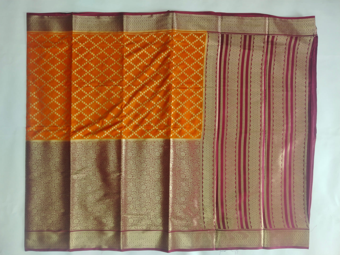 Semi Mysore Silk Crepe Saree with Long Broked Gold Zari Border & Rich Pallu-veena silk
