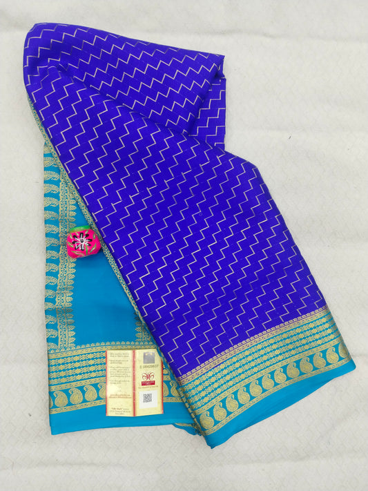Pure Mysore Silk Crepe Saree with Zig Zag Design & Gold Zari Border | Veena Silk