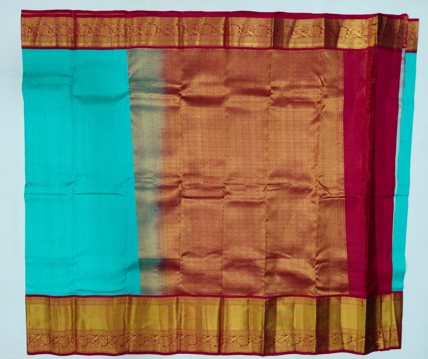 Pure handloom kancheepuram silk saree with small checks design and contrast blouse and rich pallu and border-veena silk