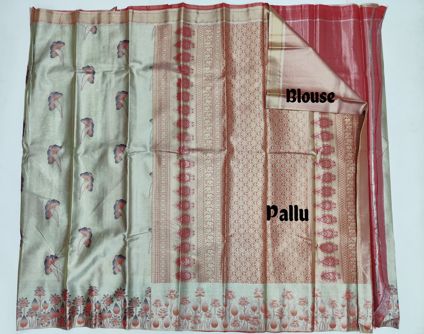 Tissue Golden Banarasi Silk Saree with Floral Zari Weave & Contrast Border – Veena Silk