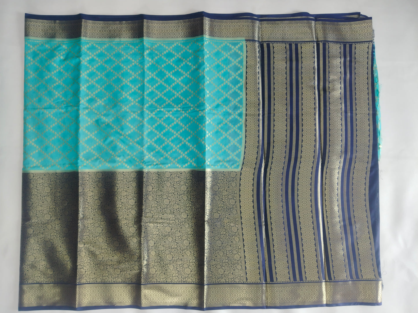 Semi Mysore Silk Crepe Saree with Long Broked Gold Zari Border & Rich Pallu-veena silk