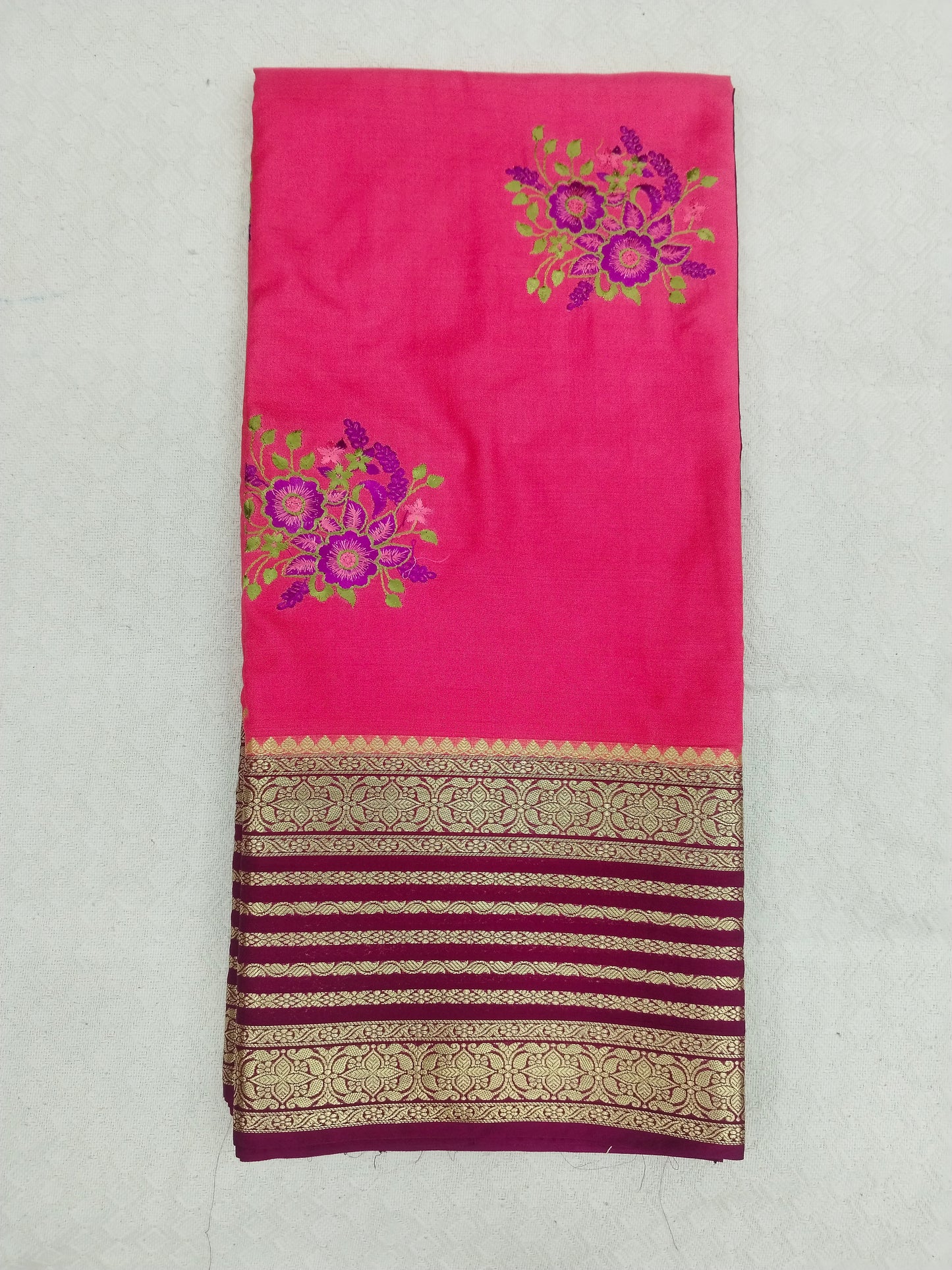 Semi Mysore Silk Crepe Saree with Elegant Embroidery & Zari Border | With Blouse | Veena Silk
