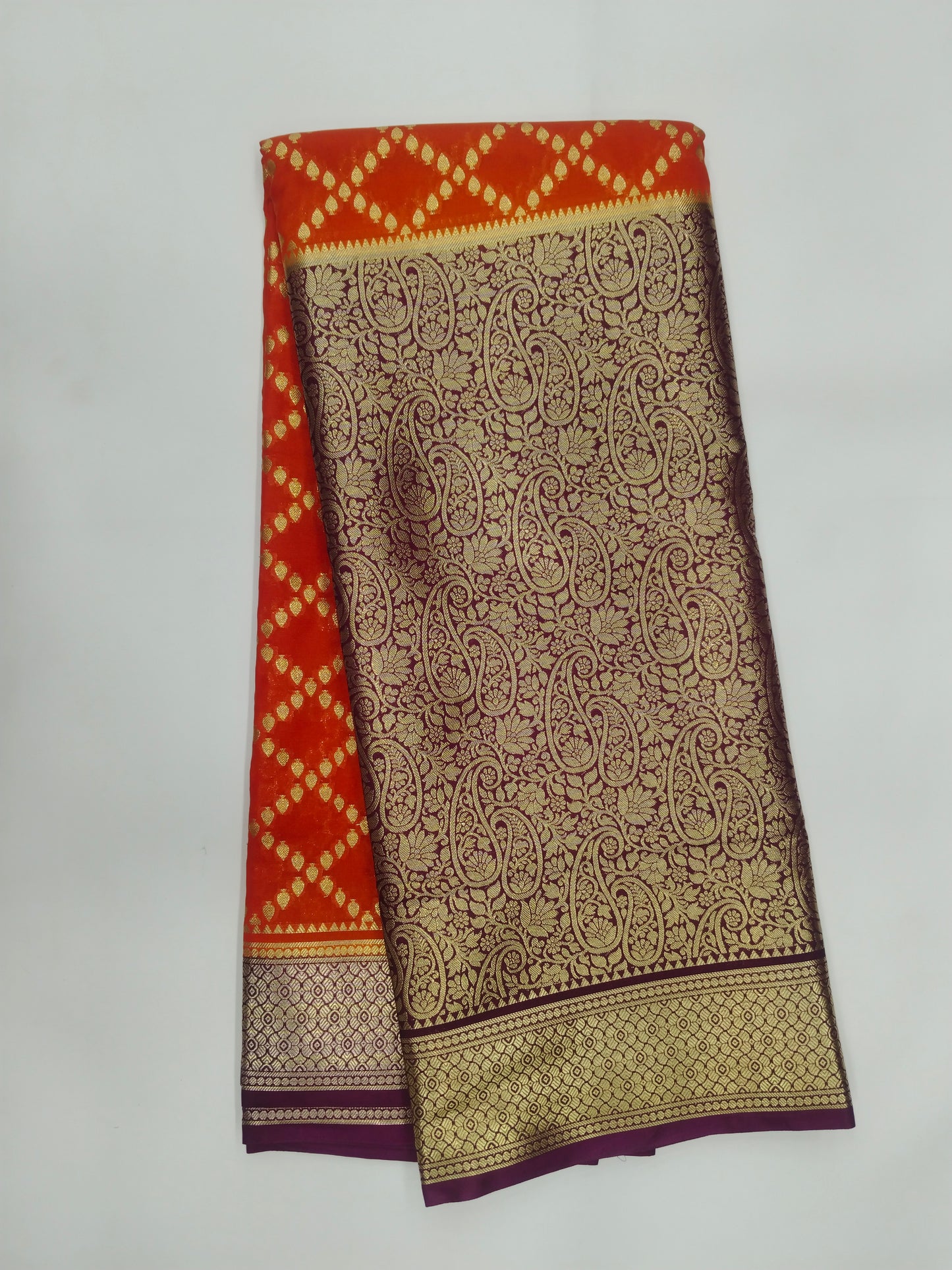 Semi Mysore Silk Crepe Saree with Long Broked Gold Zari Border & Rich Pallu-veena silk