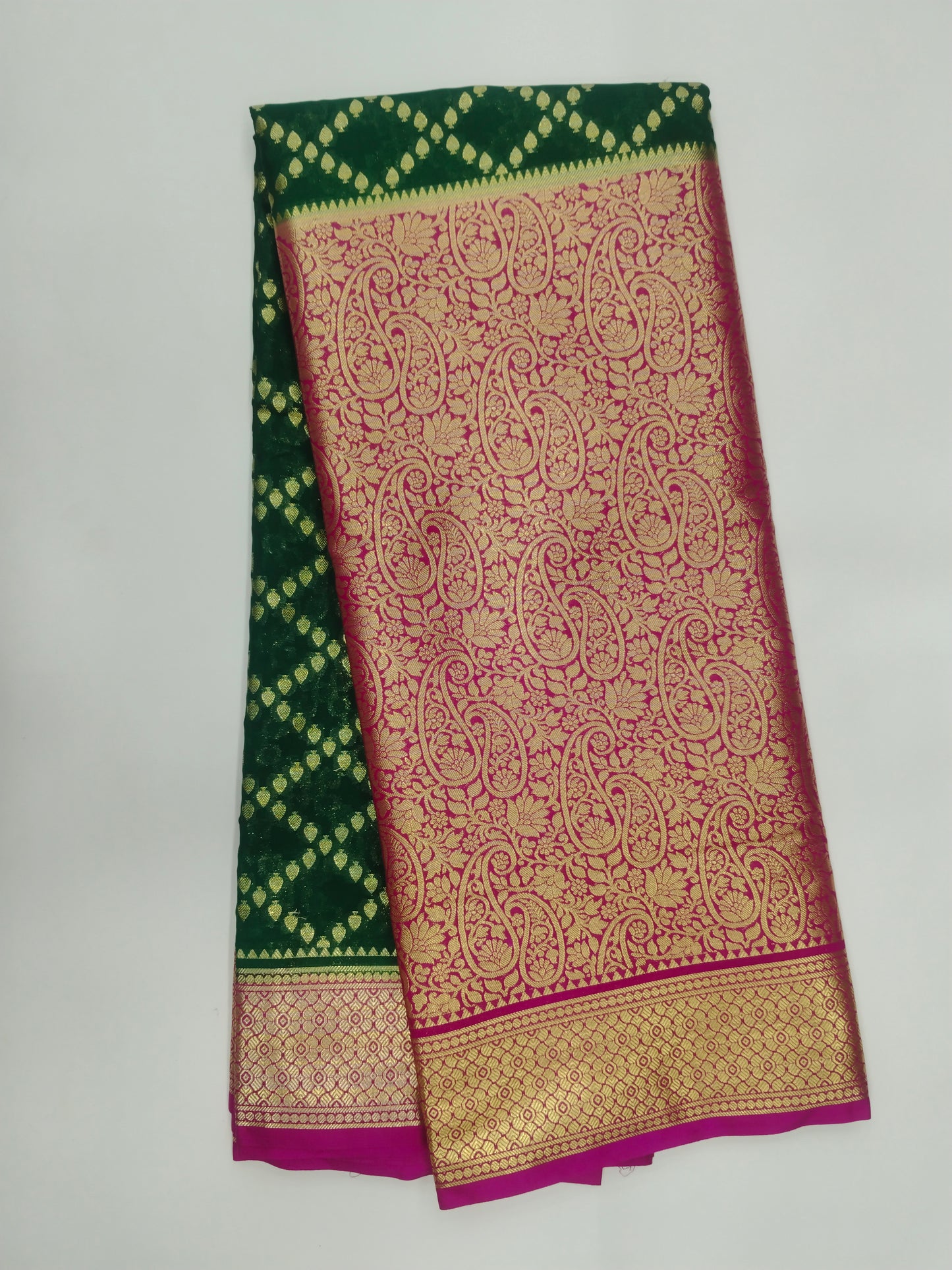 Semi Mysore Silk Crepe Saree with Long Broked Gold Zari Border & Rich Pallu-veena silk