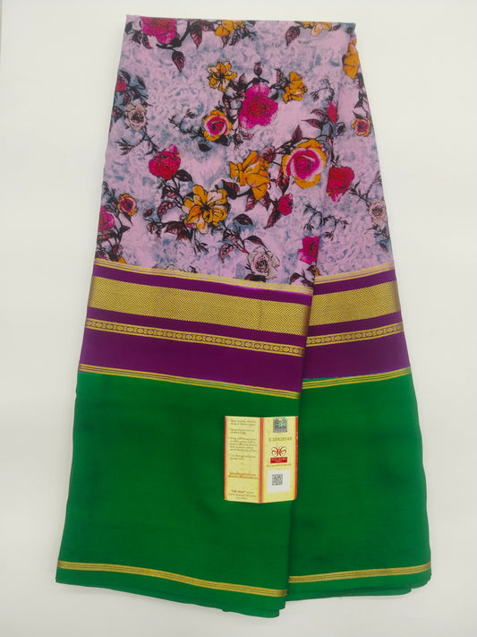 Pure Mysore Silk Printed Crepe Saree with Contrast Border | Lightweight & Elegant | Veena Silk