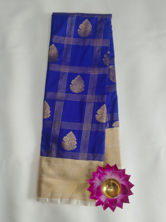 Semi Kanchipuram Silk Saree with Checks & Buta, Contrast Border and Blouse Piece-veena silk