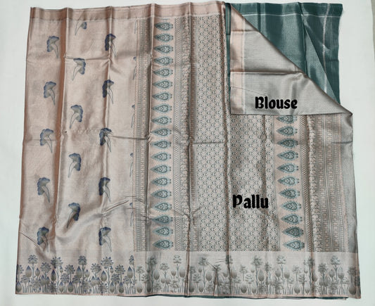 Tissue Golden Banarasi Silk Saree with Floral Zari Weave & Contrast Border – Veena Silk