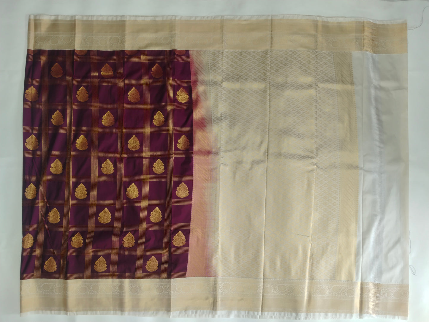 Semi Kanchipuram Silk Saree with Checks & Buta, Contrast Border and Blouse Piece-veena silk