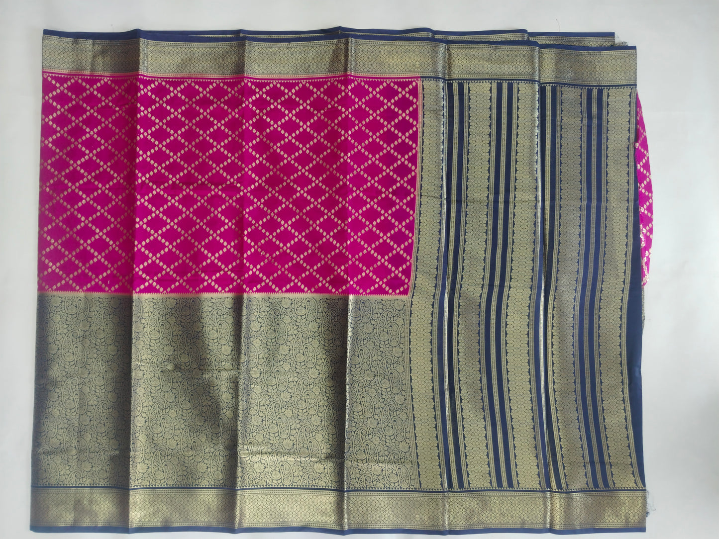 Semi Mysore Silk Crepe Saree with Long Broked Gold Zari Border & Rich Pallu-veena silk