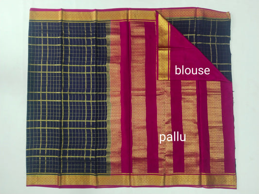 Pure Mysore Crepe Silk Saree with Checks Pattern & Contrast Gold Zari Border – Veena Silk