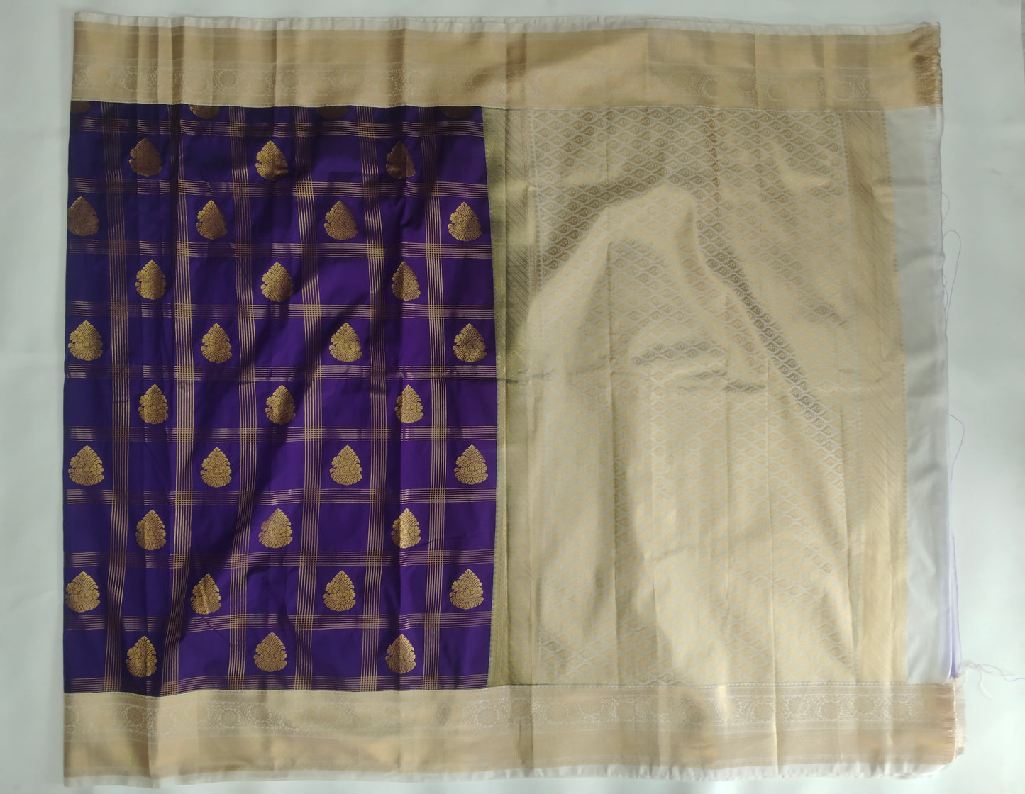 Semi Kanchipuram Silk Saree with Checks & Buta, Contrast Border and Blouse Piece-veena silk