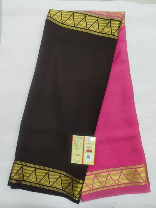 Pure Mysore Silk Crepe Saree with Half-and-Half Colours & Gold Zari Border | Veena Silk
