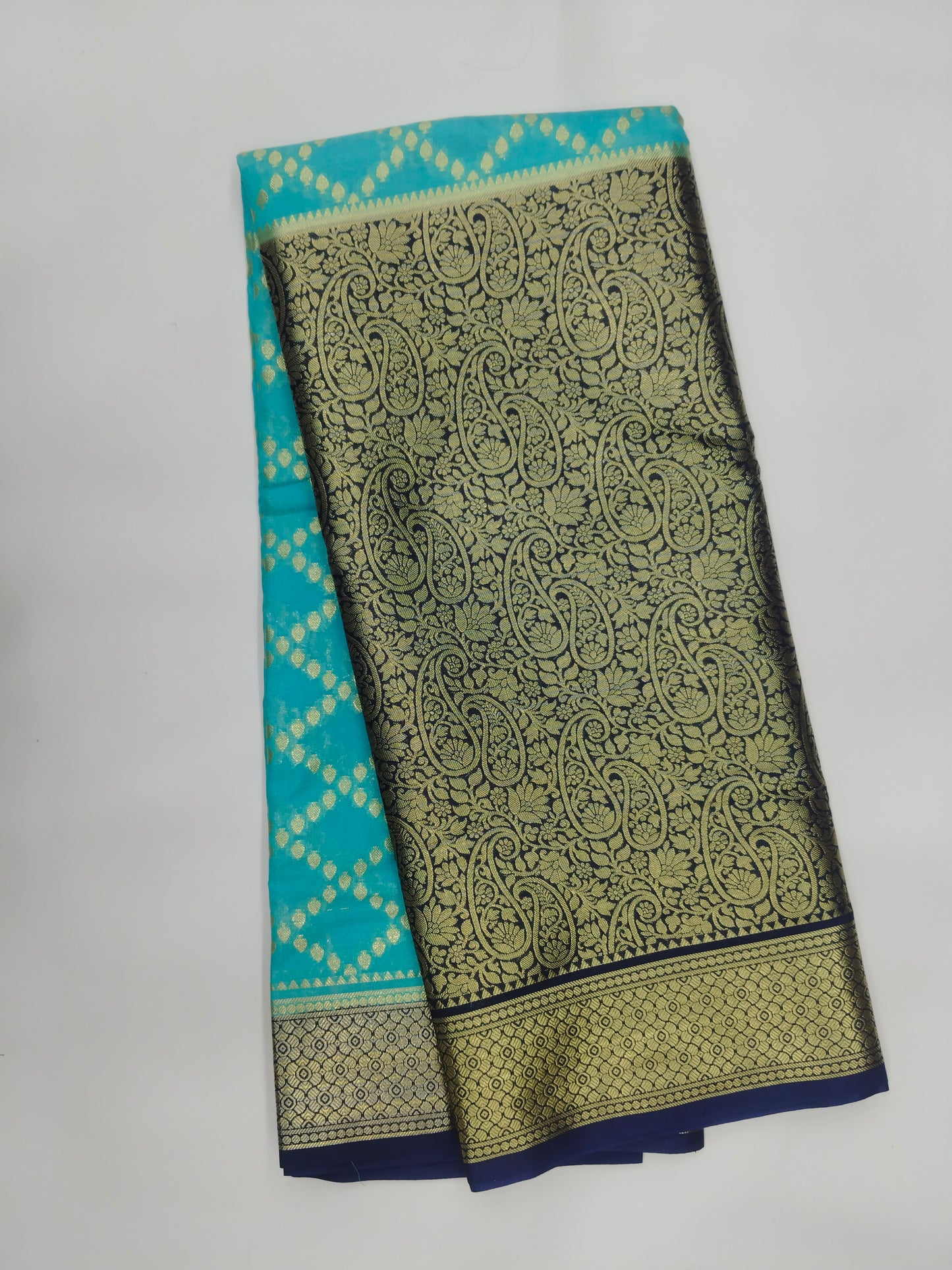 Semi Mysore Silk Crepe Saree with Long Broked Gold Zari Border & Rich Pallu-veena silk