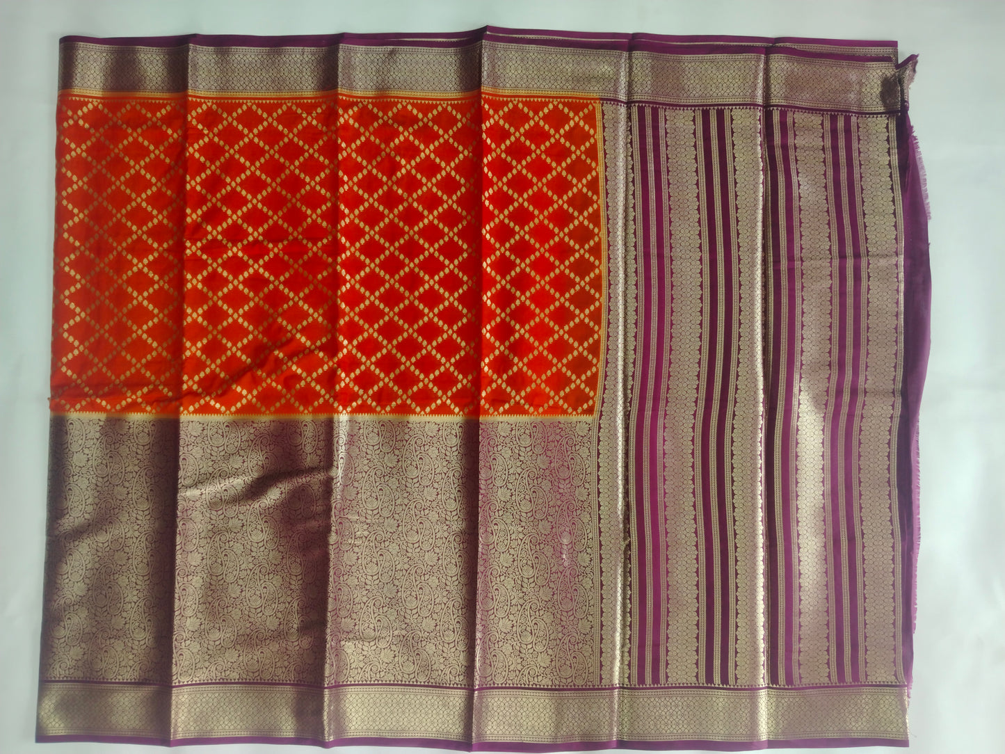 Semi Mysore Silk Crepe Saree with Long Broked Gold Zari Border & Rich Pallu-veena silk