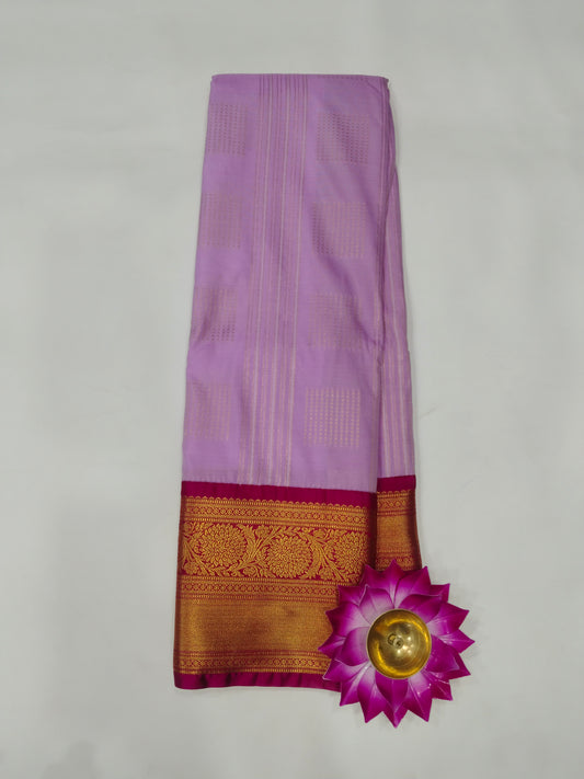 Semi Kanchipuram Silk Saree with square buta with lines and contrast blouse and border with gold zari and rich pallu-veena silk