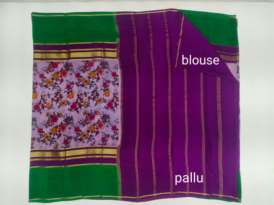 Pure Mysore Silk Printed Crepe Saree with Contrast Border | Lightweight & Elegant | Veena Silk