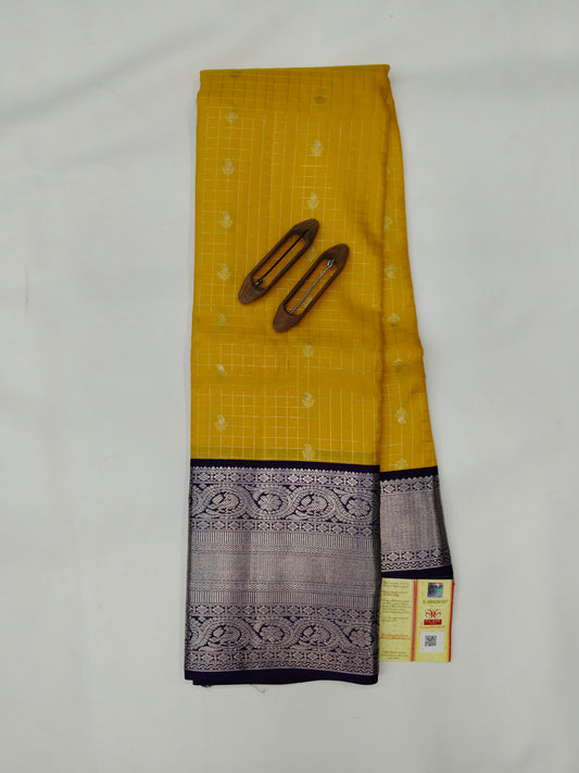 Pure kancheepuram silk saree with check design with small buta and contrast blouse and rich pallu with silver zari border-veena silk