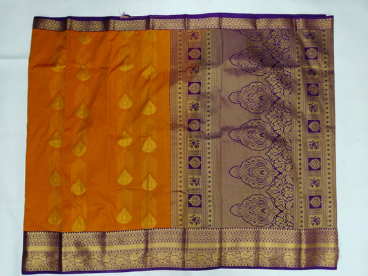 Semi Kanchipuram silk saree with fancy buta and fancy line design with contrast border with gold zari-veena silk