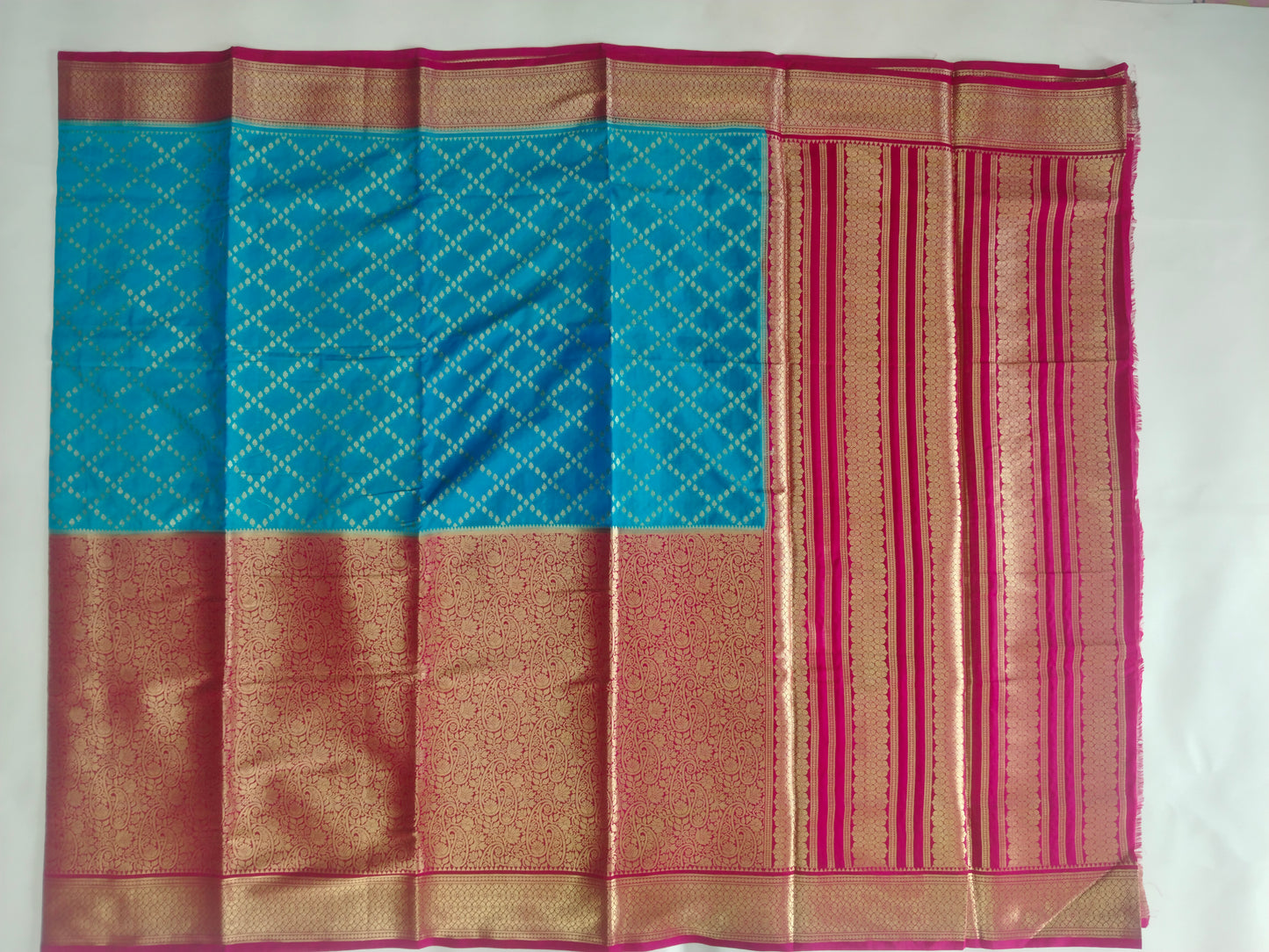 Semi Mysore Silk Crepe Saree with Long Broked Gold Zari Border & Rich Pallu-veena silk
