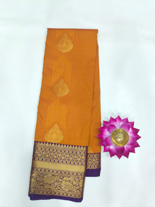 Semi Kanchipuram silk saree with fancy buta and fancy line design with contrast border with gold zari-veena silk