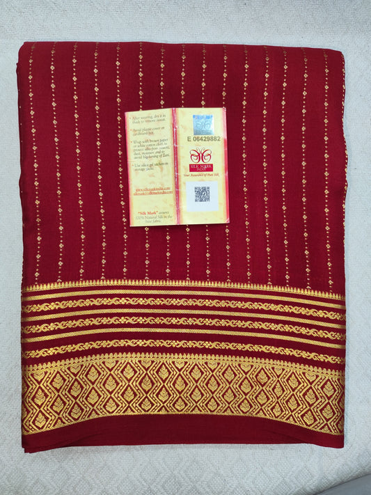 Pure Mysore Crepe Silk Saree with Golden Striped Butta & Rich Zari Border – Veena Silk