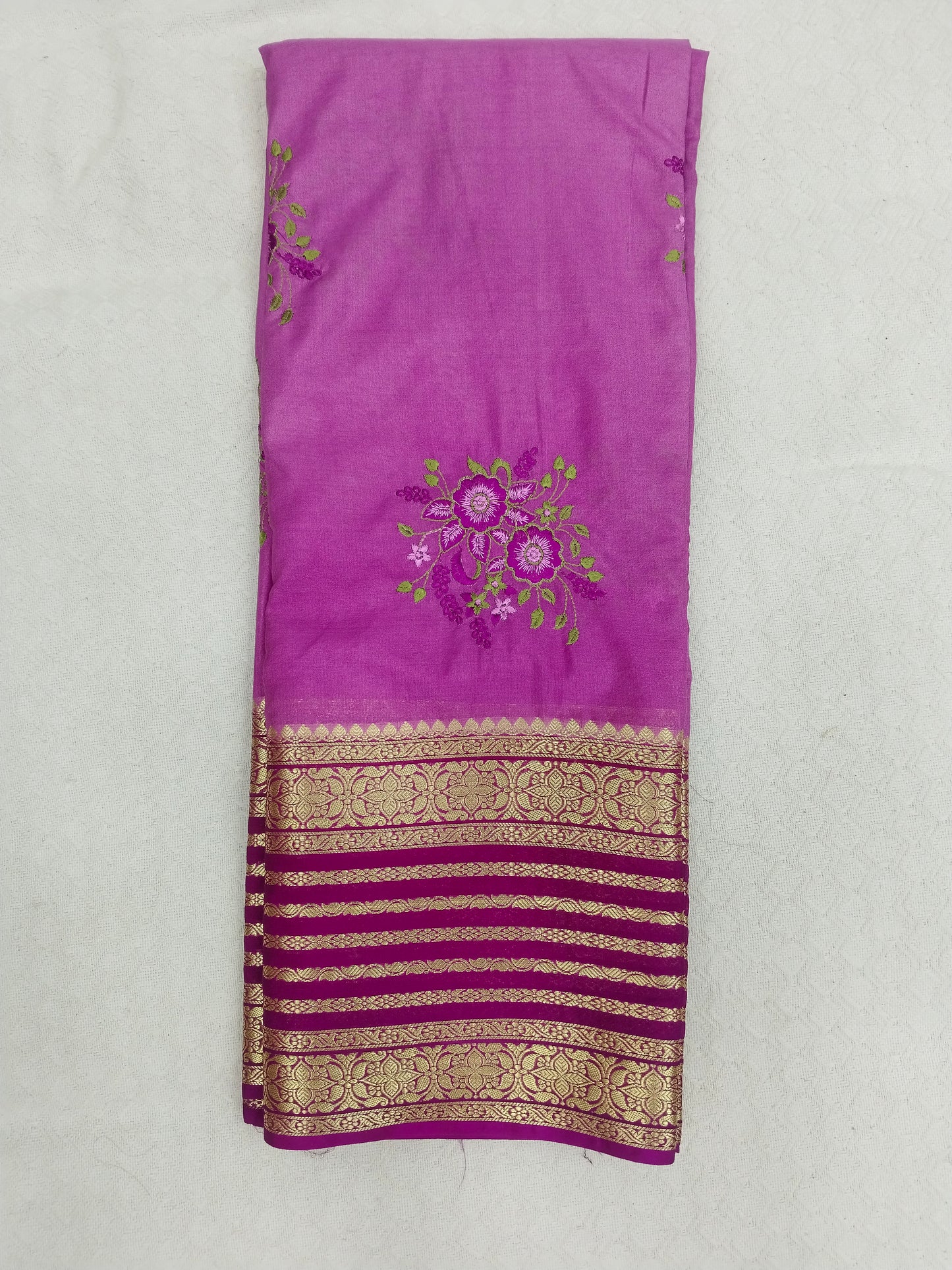 Semi Mysore Silk Crepe Saree with Elegant Embroidery & Zari Border | With Blouse | Veena Silk
