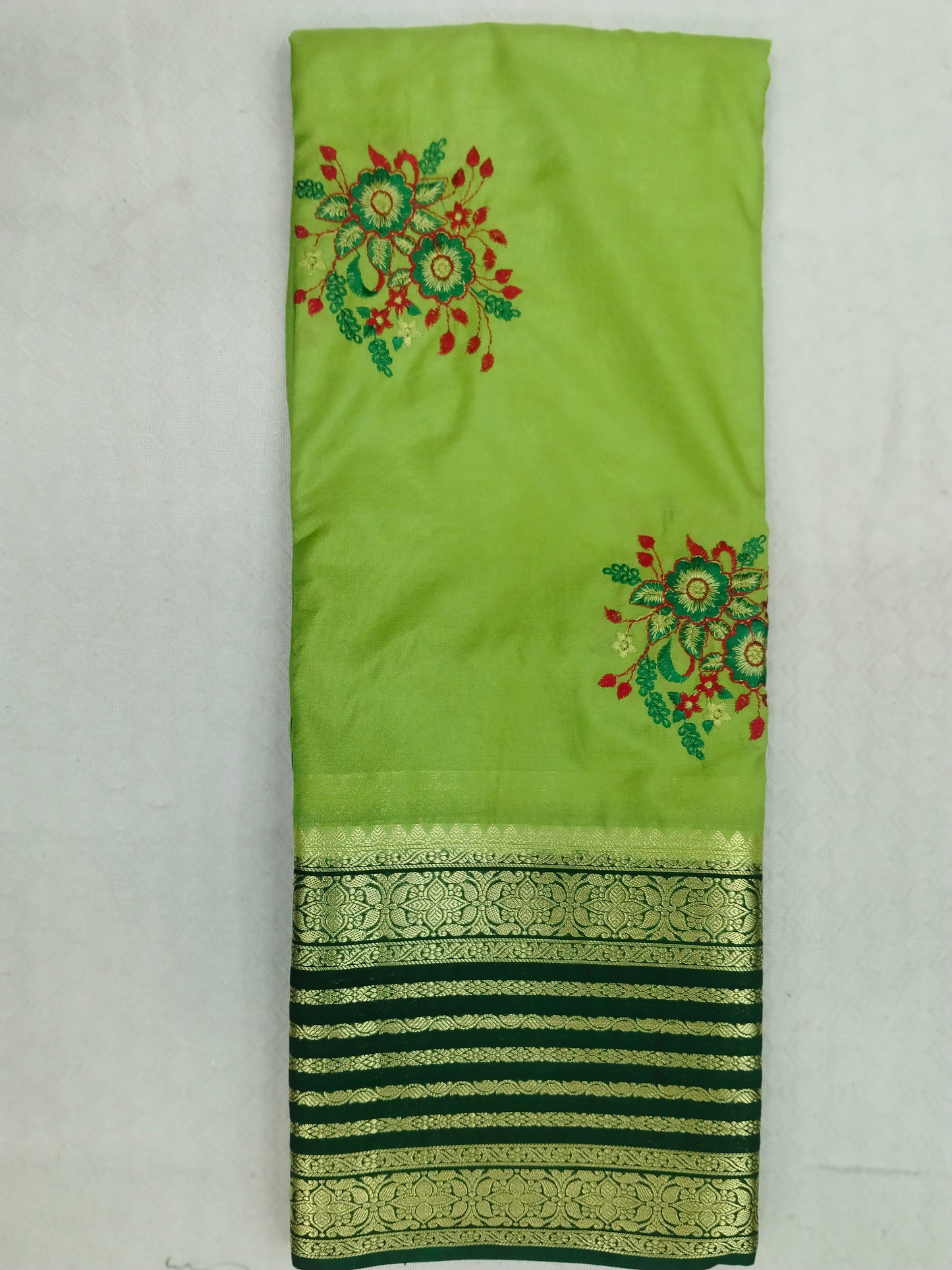 Semi Mysore Silk Crepe Saree with Elegant Embroidery & Zari Border | With Blouse | Veena Silk