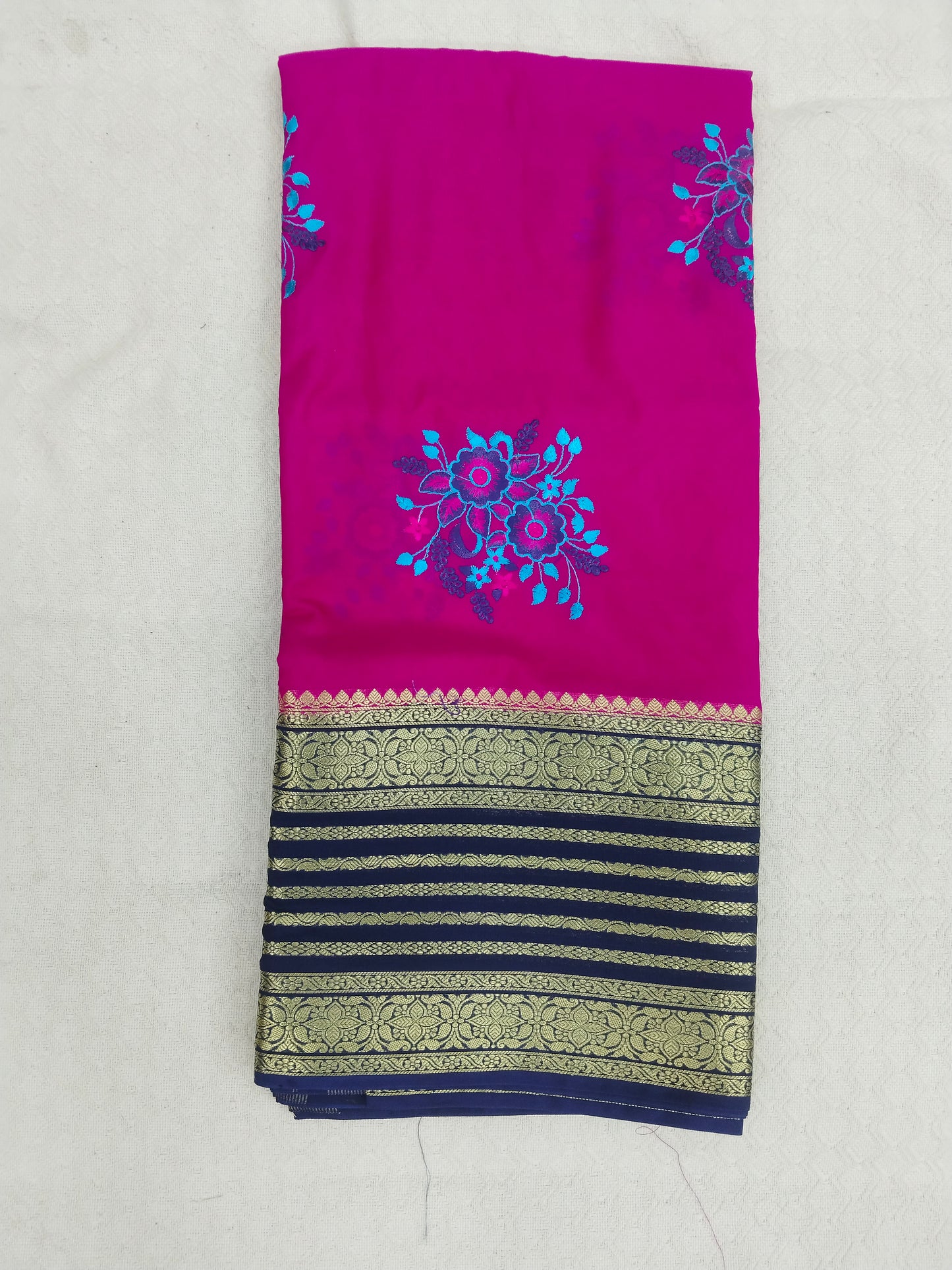 Semi Mysore Silk Crepe Saree with Elegant Embroidery & Zari Border | With Blouse | Veena Silk