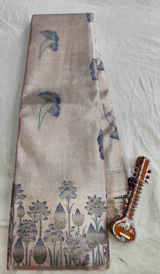 Tissue Golden Banarasi Silk Saree with Floral Zari Weave & Contrast Border – Veena Silk