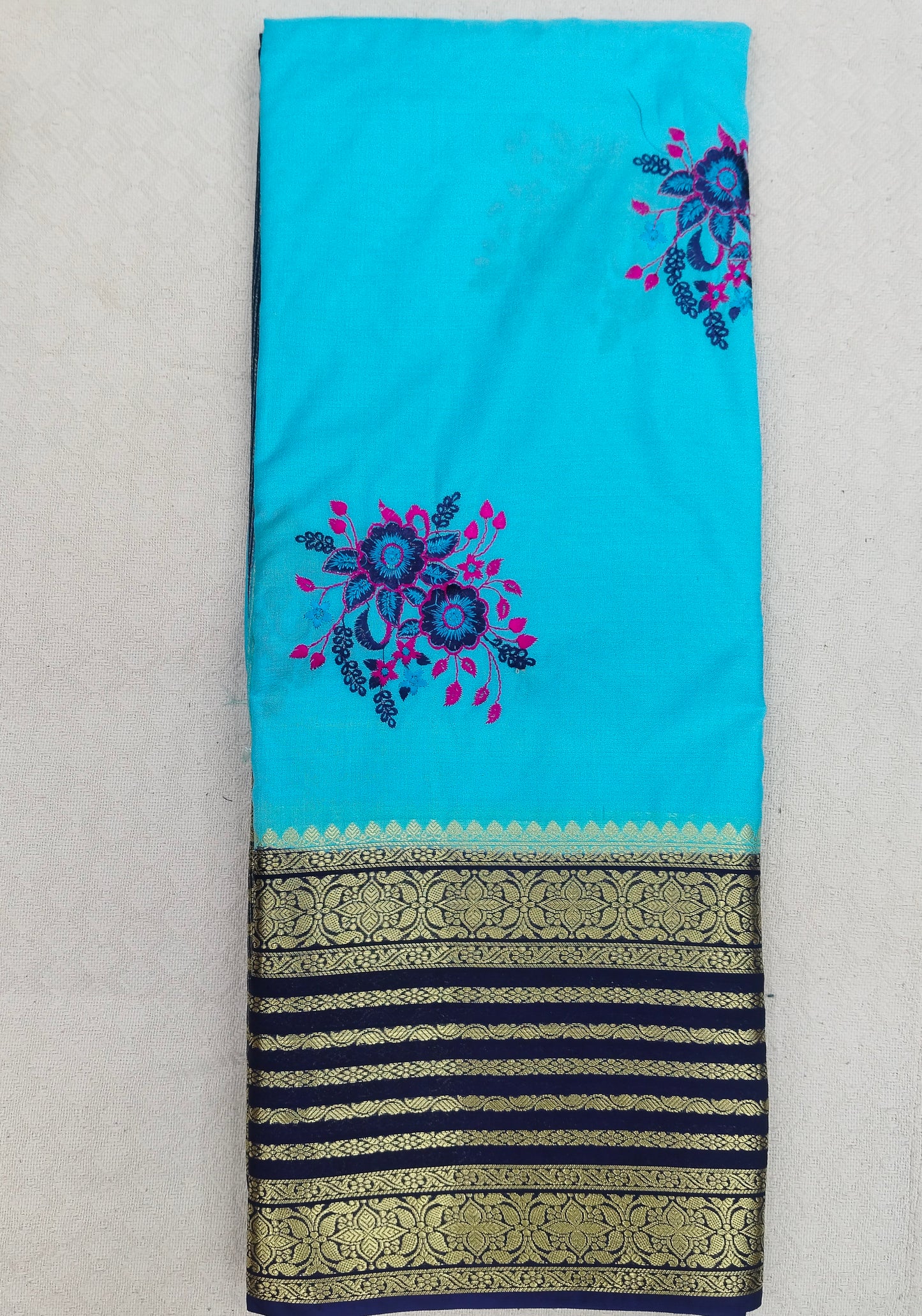Semi Mysore Silk Crepe Saree with Elegant Embroidery & Zari Border | With Blouse | Veena Silk