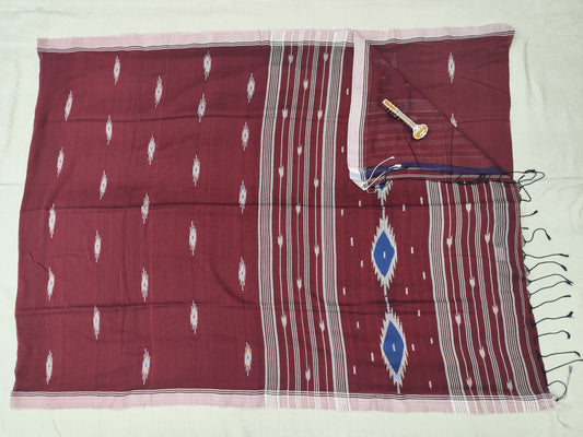 Handwoven Ikat Cotton Saree with Geometric Motifs & Contrast Pallu – Veena Silk