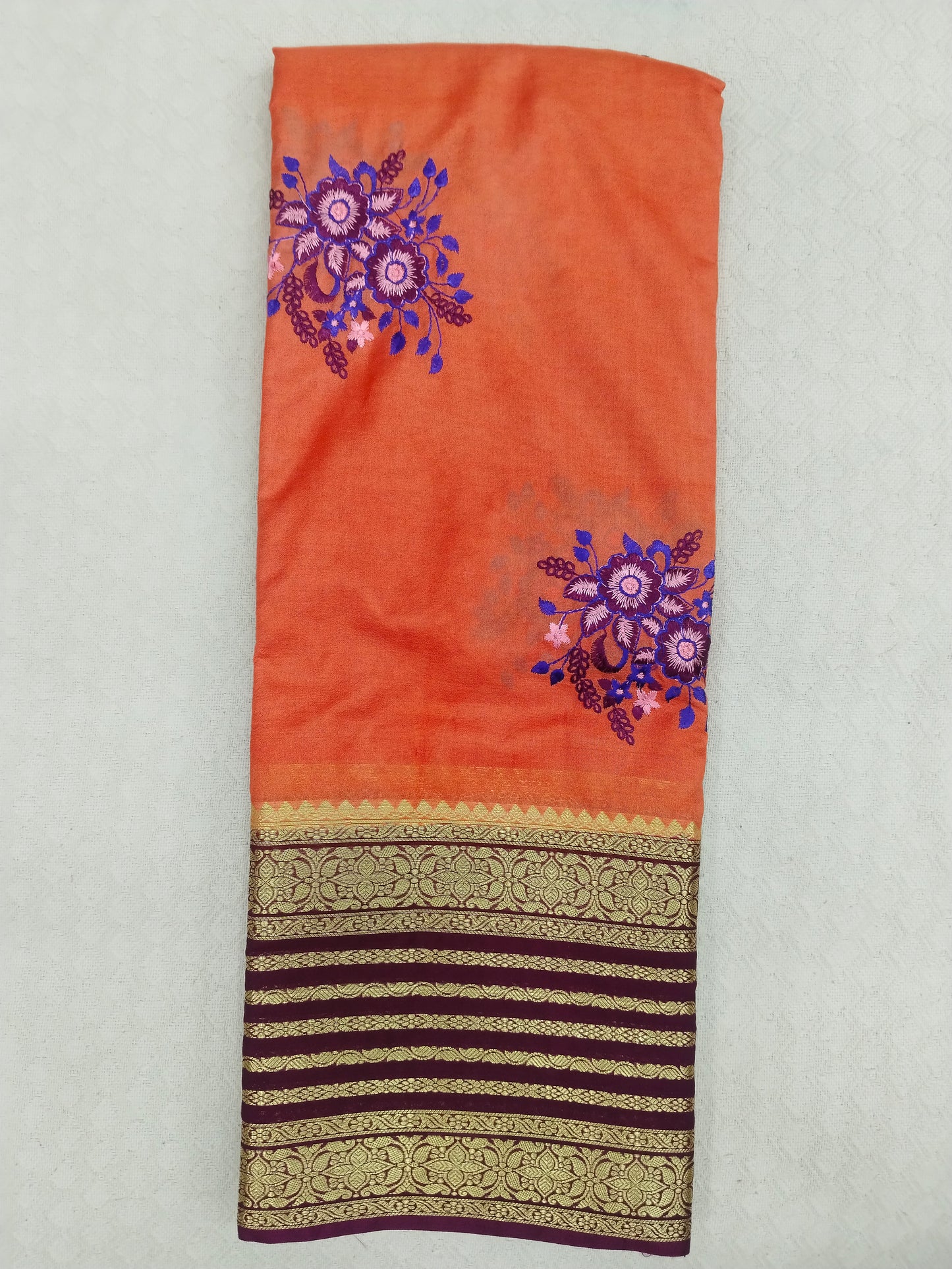 Semi Mysore Silk Crepe Saree with Elegant Embroidery & Zari Border | With Blouse | Veena Silk