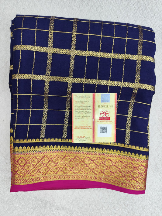 Pure Mysore Crepe Silk Saree with Checks Pattern & Contrast Gold Zari Border – Veena Silk