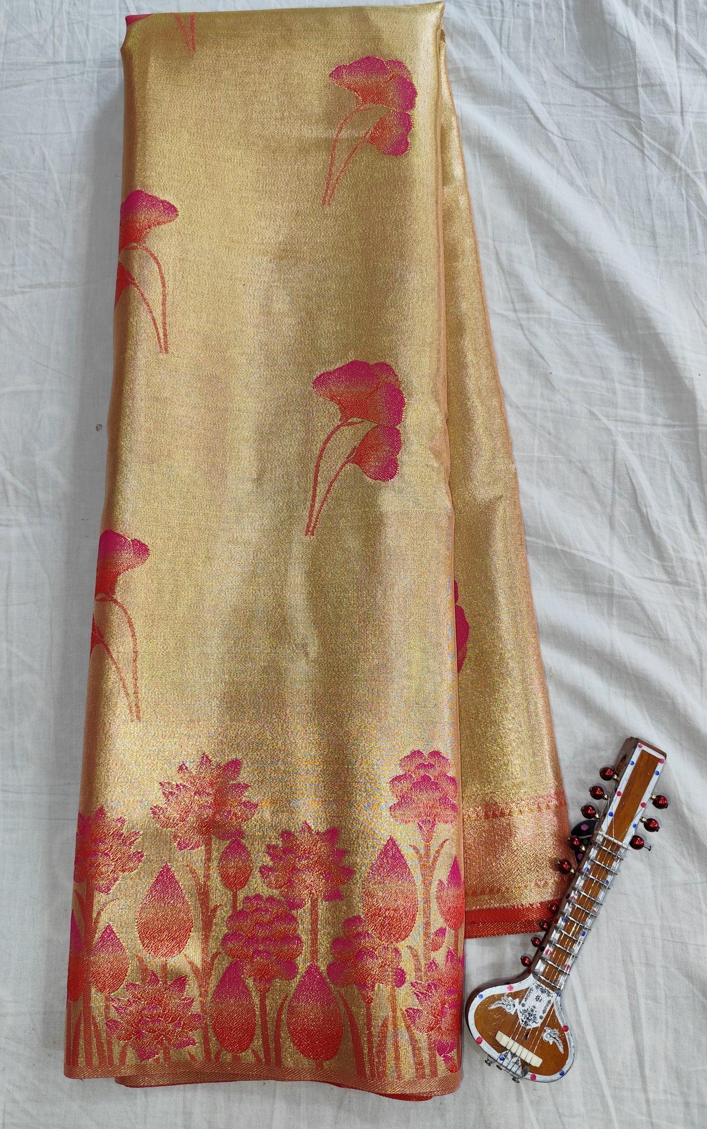 Tissue Golden Banarasi Silk Saree with Floral Zari Weave & Contrast Border – Veena Silk