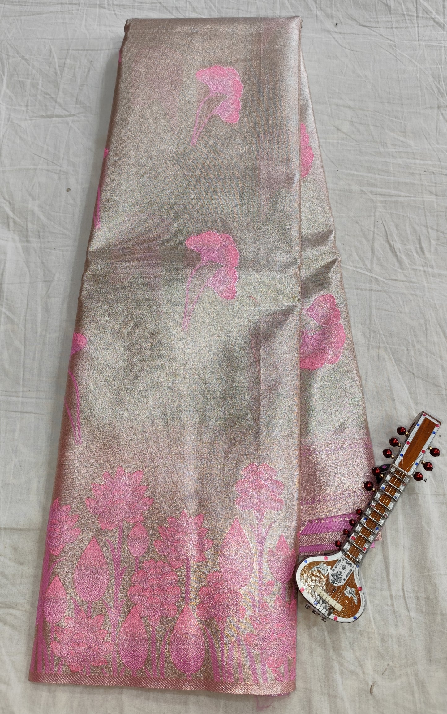 Tissue Golden Banarasi Silk Saree with Floral Zari Weave & Contrast Border – Veena Silk