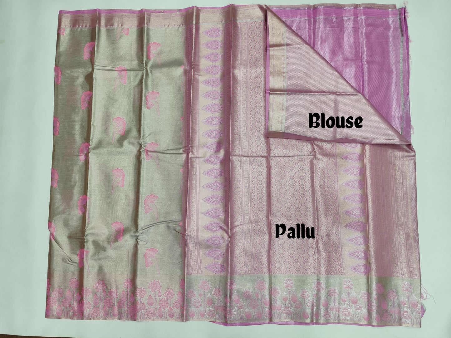 Tissue Golden Banarasi Silk Saree with Floral Zari Weave & Contrast Border – Veena Silk