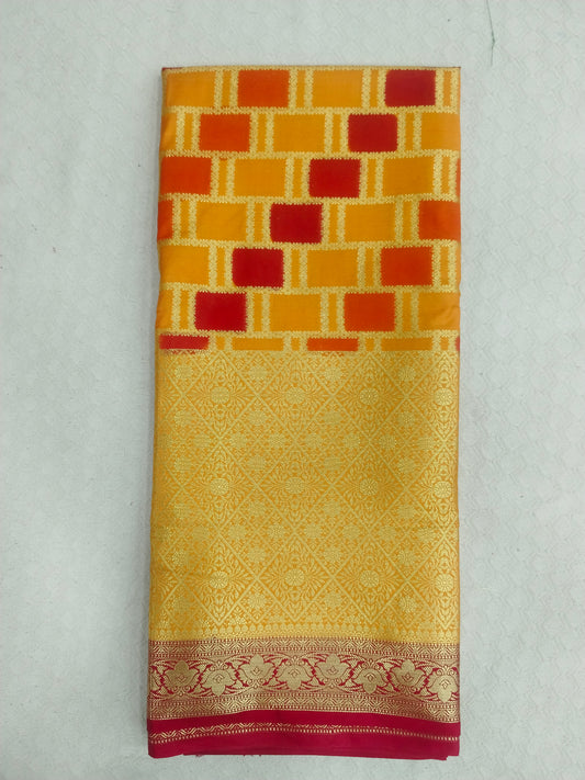 Semi Mysore Silk Crepe Saree with Contrast Checks & Rich Zari Border | Veena Silk | With Blouse