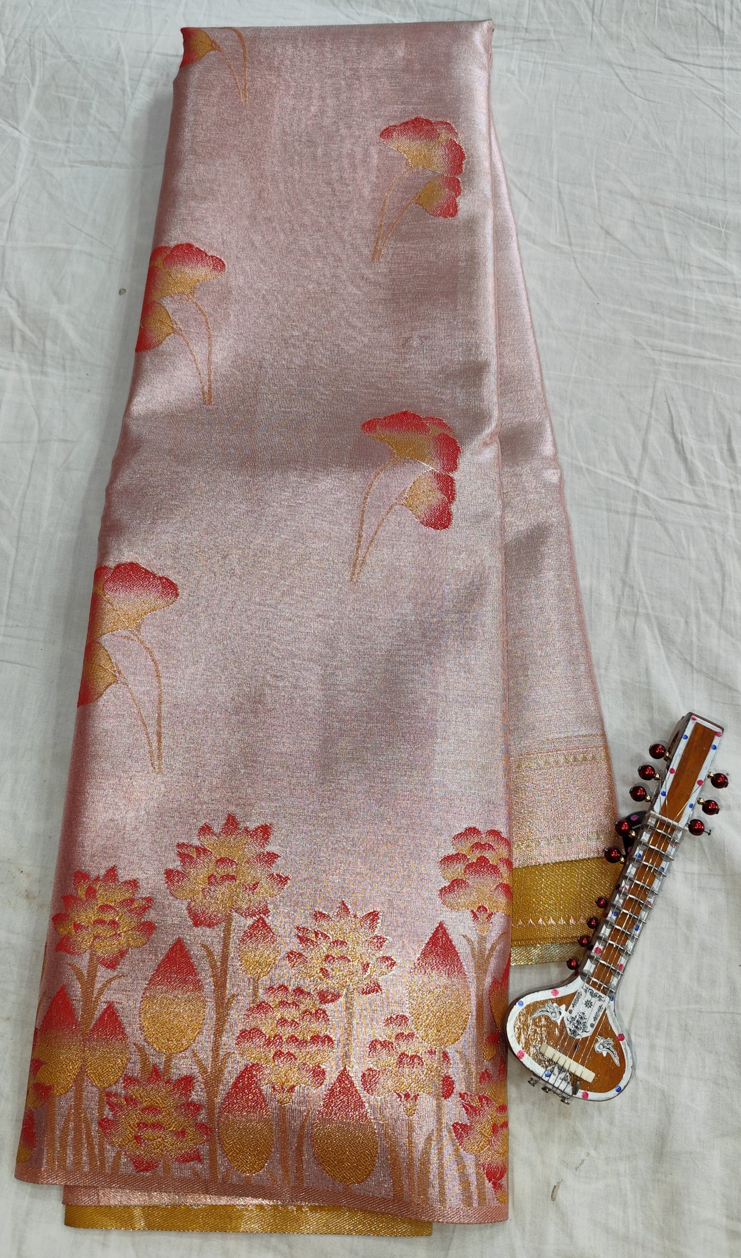 Tissue Golden Banarasi Silk Saree with Floral Zari Weave & Contrast Border – Veena Silk