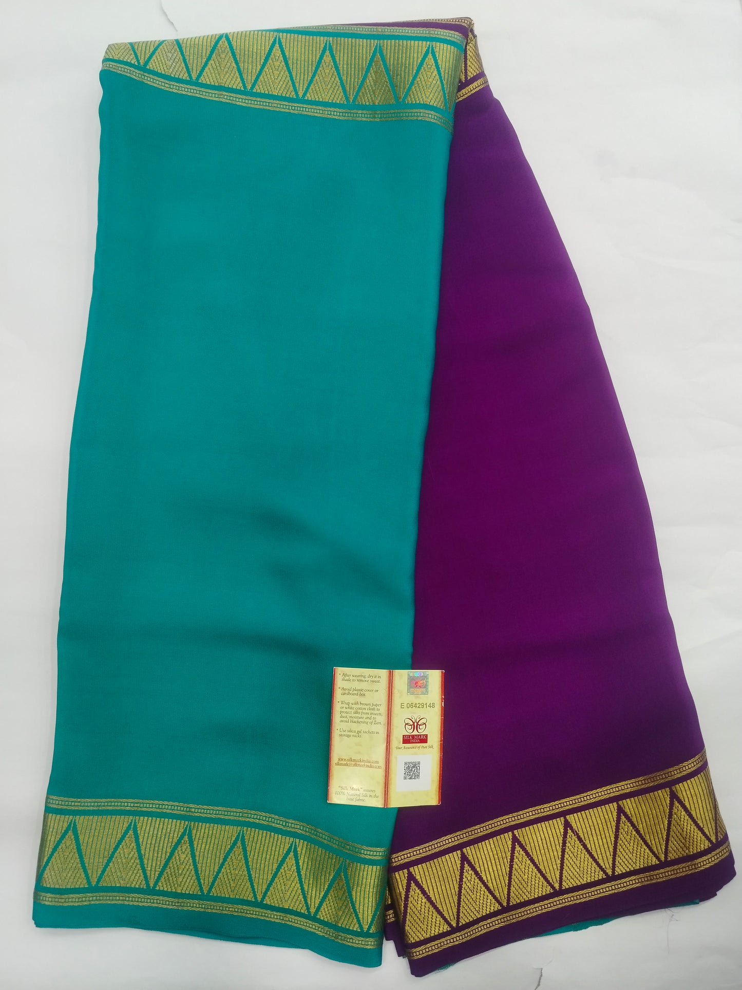 Pure Mysore Silk Crepe Saree with Half-and-Half Colours & Gold Zari Border | Veena Silk