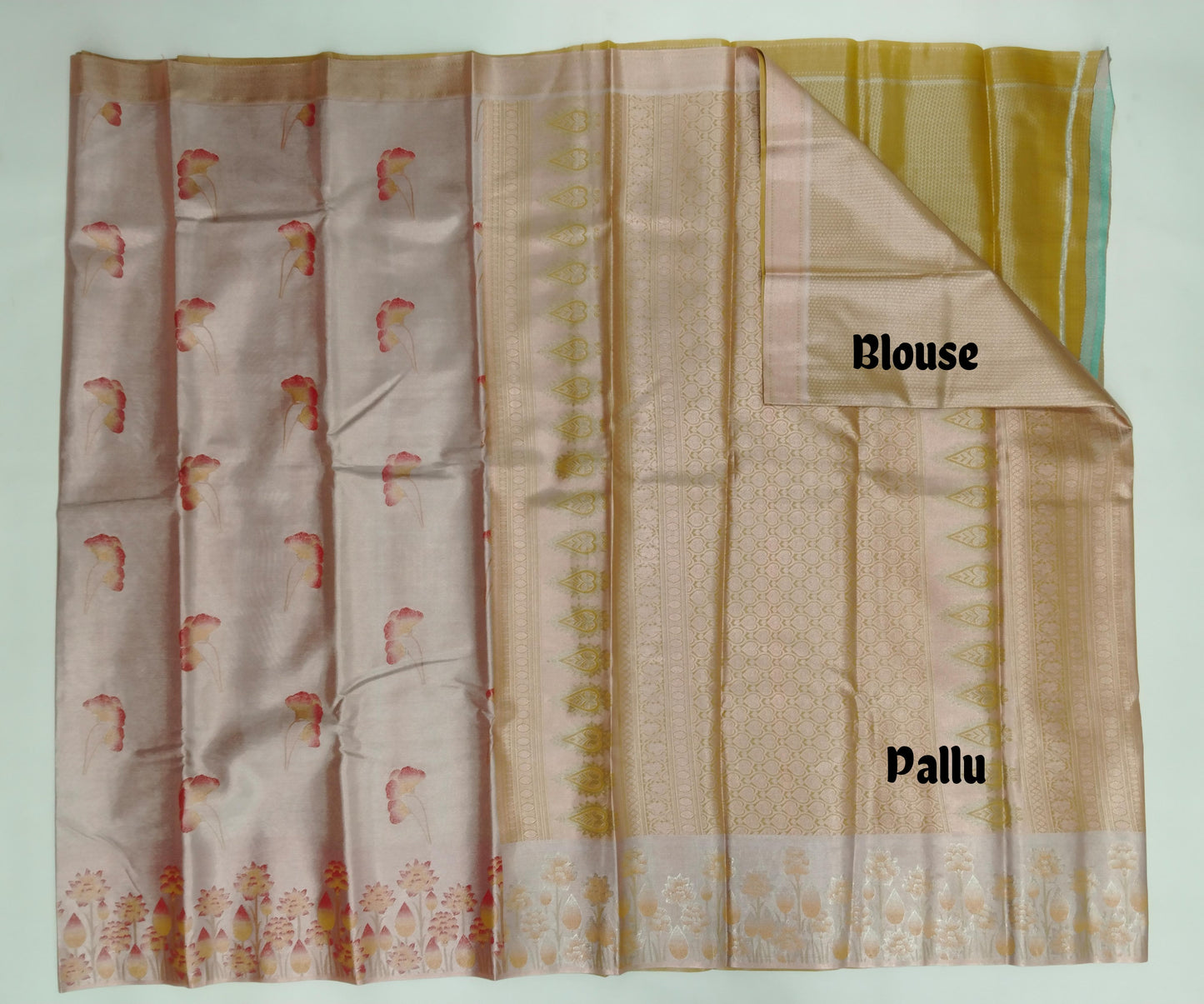 Tissue Golden Banarasi Silk Saree with Floral Zari Weave & Contrast Border – Veena Silk
