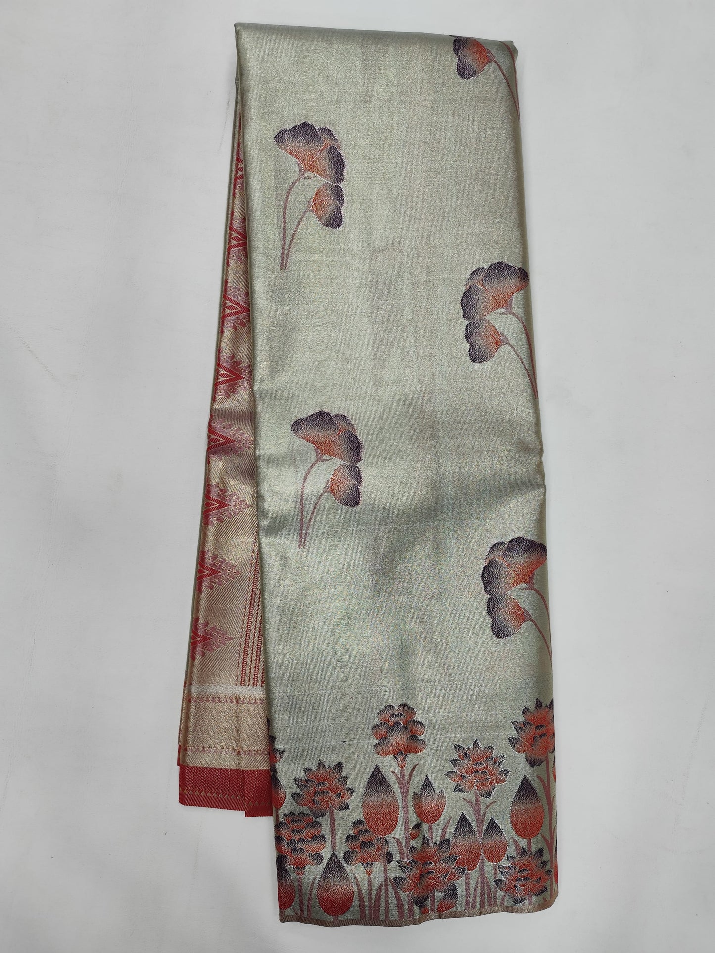 Tissue Golden Banarasi Silk Saree with Floral Zari Weave & Contrast Border – Veena Silk