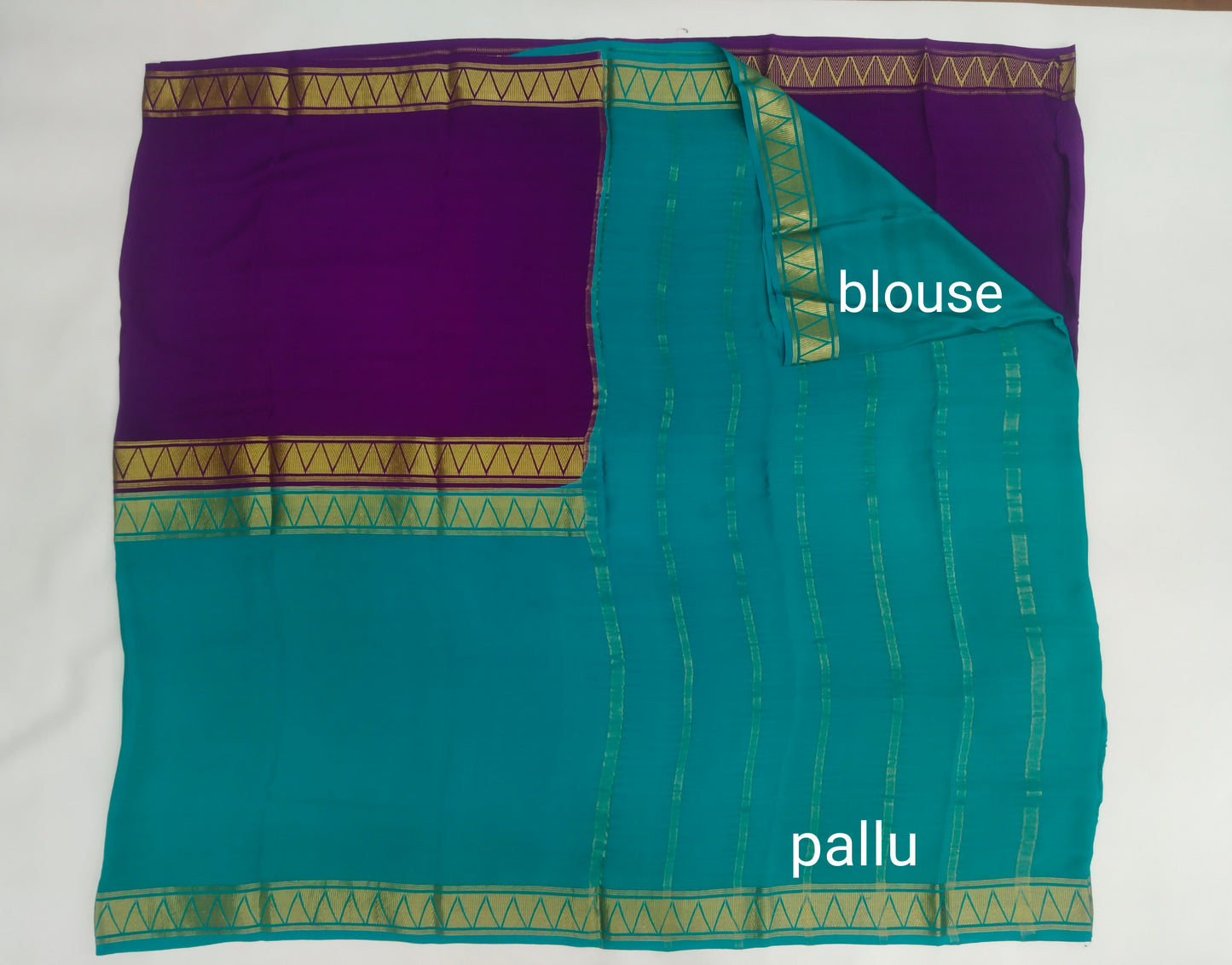 Pure Mysore Silk Crepe Saree with Half-and-Half Colours & Gold Zari Border | Veena Silk