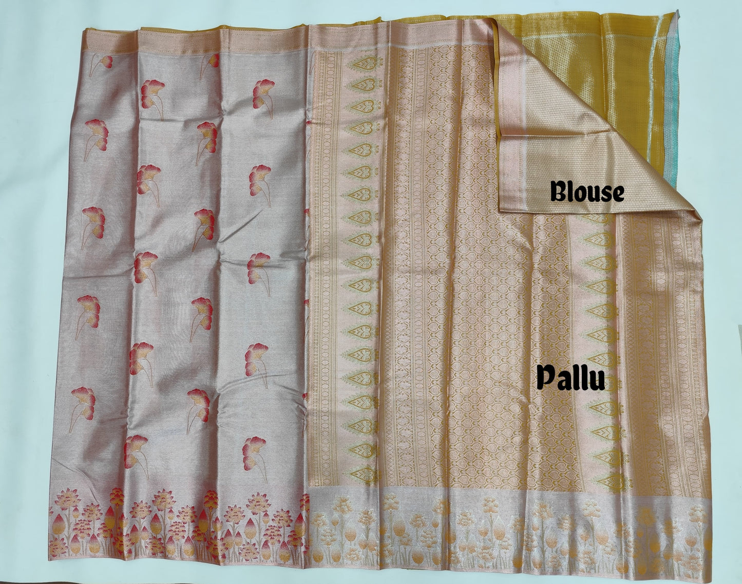 Tissue Golden Banarasi Silk Saree with Floral Zari Weave & Contrast Border – Veena Silk